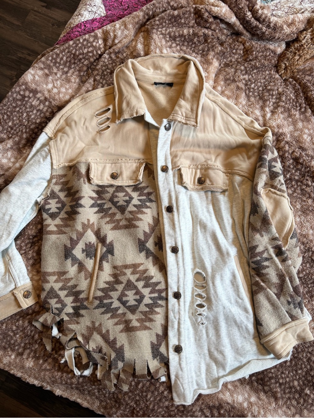 Women's Distressed Aztec Patchwork Shacket - Beige & Brown